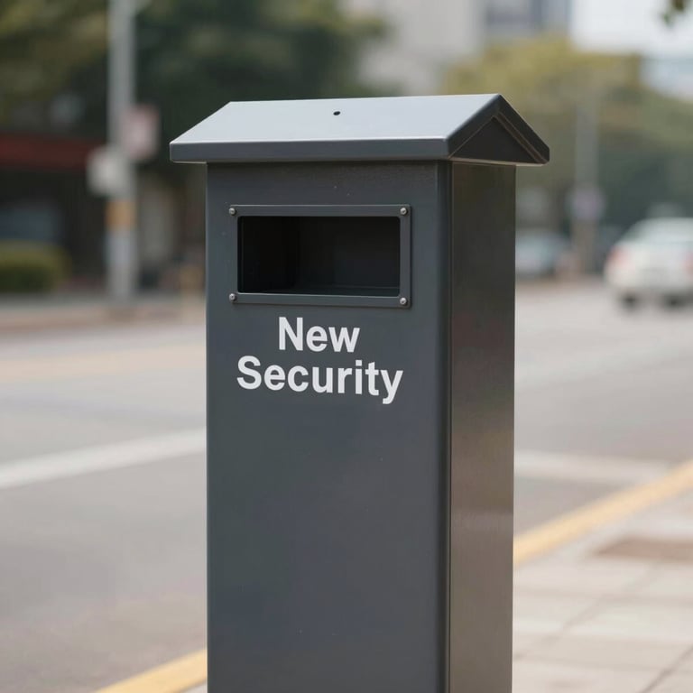 A crisp image of a new community security post, symbolize safety and stability, colors #595959 and #F2F4F3.
