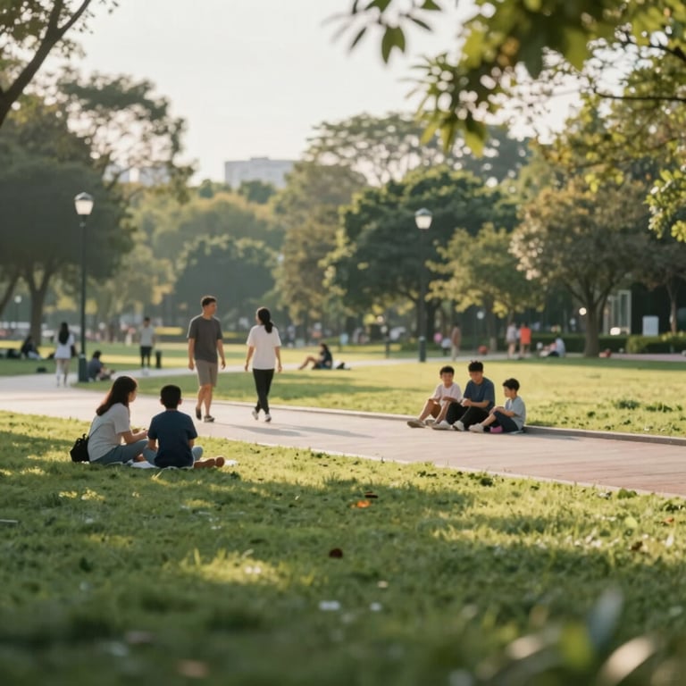 An outdoor scene of a newly renovated public park with families, late afternoon sun, soft shadows, incorporating #A3B18A.