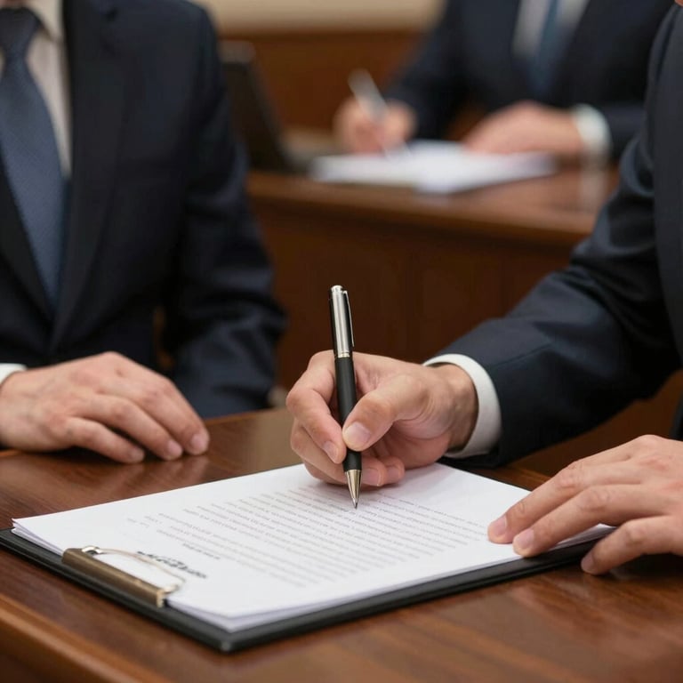 A formal ceremony showing the signing of a new education bill, sharp focus on the document and hands, professional atmosphere.