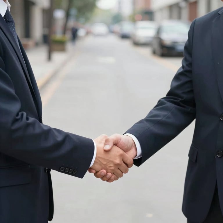 The candidate shaking hands with a local business owner on a clean, well-lit street, portraying economic trust.