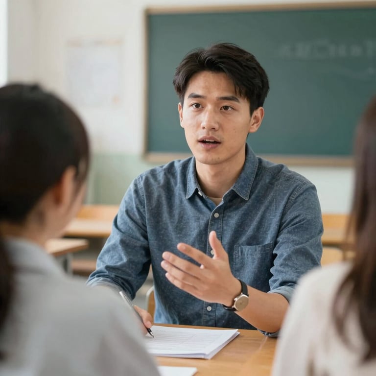 A portrait of the candidate talking to a local teacher in a classroom, expressing support and commitment to education.