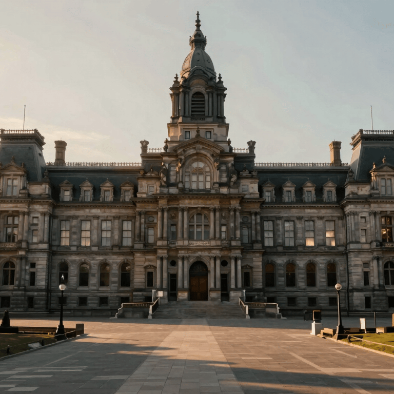 A wide shot of a community town hall meeting with attentive older adults, professional lighting, featuring tones of #262626 and #A3B18A.