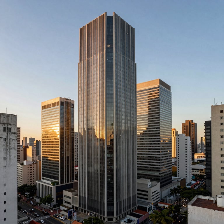 A modern architectural view of a financial district in a major Brazilian city during the golden hour.