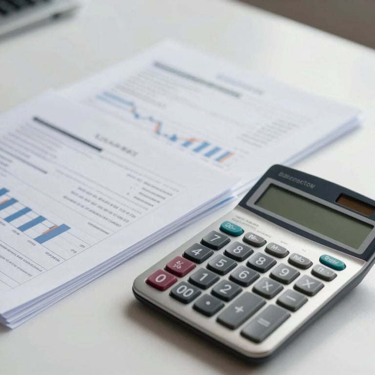 Neat rows of professional financial documents and a sleek silver calculator on a clean workspace.