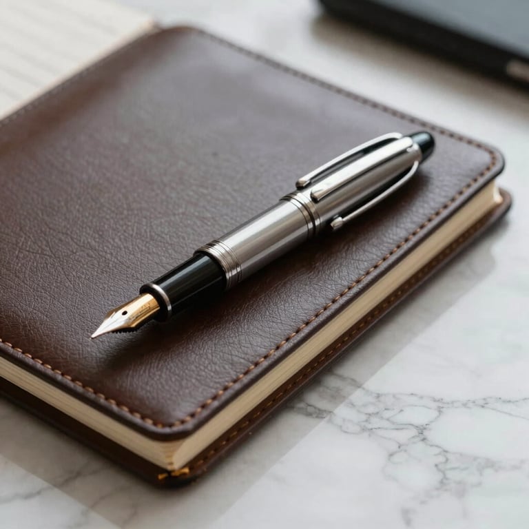 Close-up of a high-quality fountain pen resting on a leather-bound business planner on a marble desk.