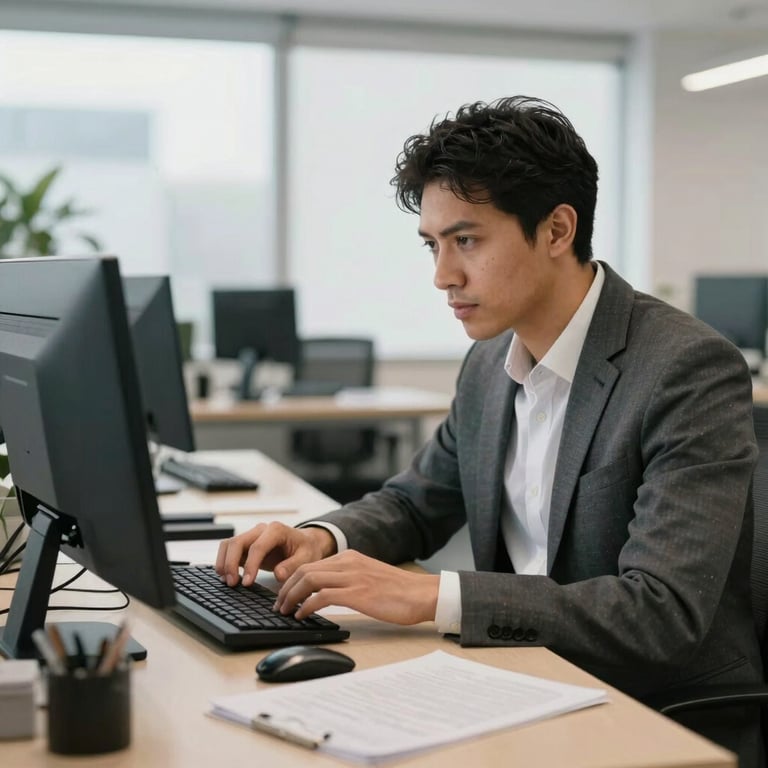 A focused South American accountant working with high-end digital tools in a bright office environment.