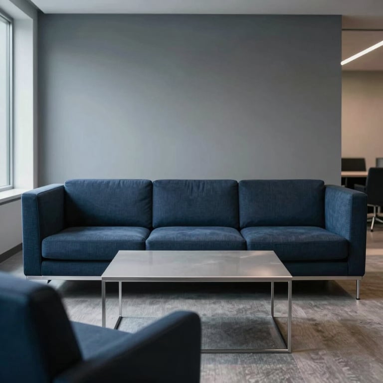 A minimalist corporate lounge with comfortable seating in shades of dark blue and silver grey.
