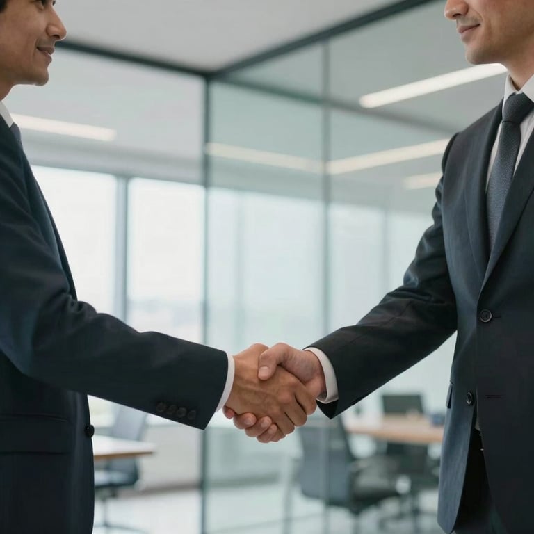 Two business partners shaking hands in a bright, modern glass-walled office in South America.
