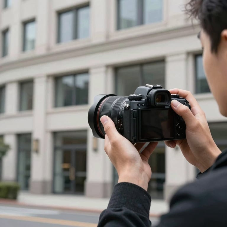 An appraiser's hands holding a high-end camera, focused on capturing the architectural facade of a commercial property.