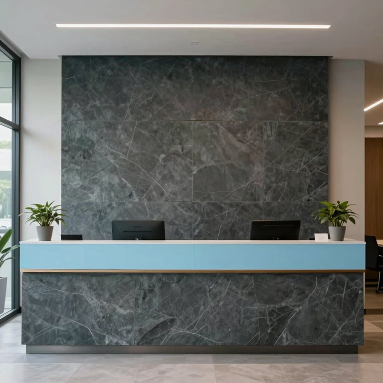 Interior of a minimalist, professional reception area of a Mexican corporate office with slate and light blue accents.