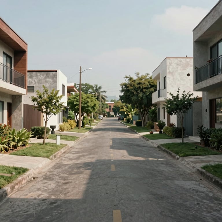 Wide shot of a well-maintained residential avenue in Mexico, featuring modern architecture and green landscapes.
