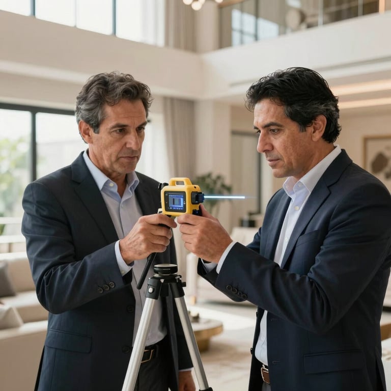 A professional Latin American appraiser using a digital laser measure inside a bright, high-ceiling luxury home.