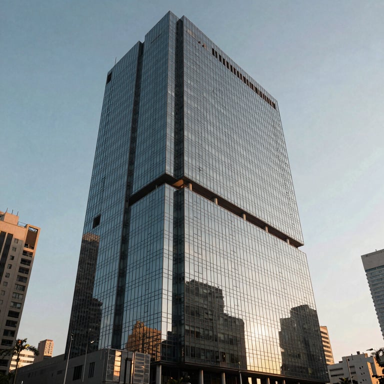 Exterior of a modern glass office skyscraper in a prominent Mexican business district under a clear morning sky.