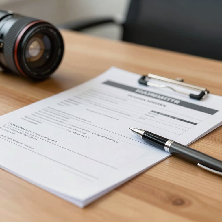 Close-up of a formal valuation report and a pen resting on a clean wooden desk with blurred office background.