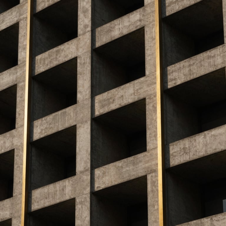 Abstract geometric architectural detail of concrete and gold-toned steel lines, high contrast shadows, low-key lighting.