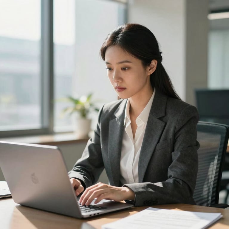 A professional woman in modest business attire working focused at a sleek, modern laptop in a sunlit office.