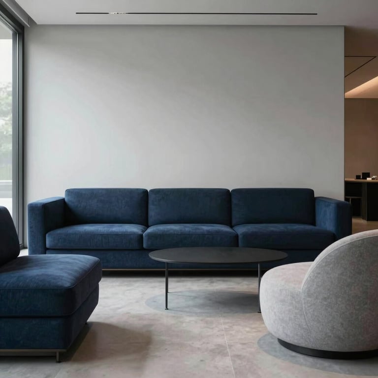 Interior shot of a minimalist, high-end waiting lounge with contemporary furniture in dark blue and light gray.