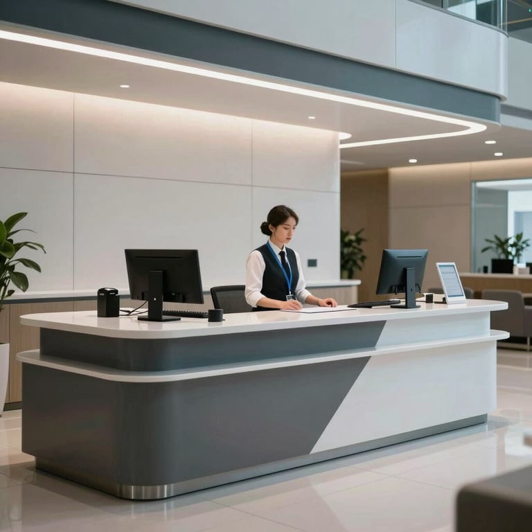 A sharp, professional photograph of a high-tech service counter in a modern corporate building, representing efficiency.