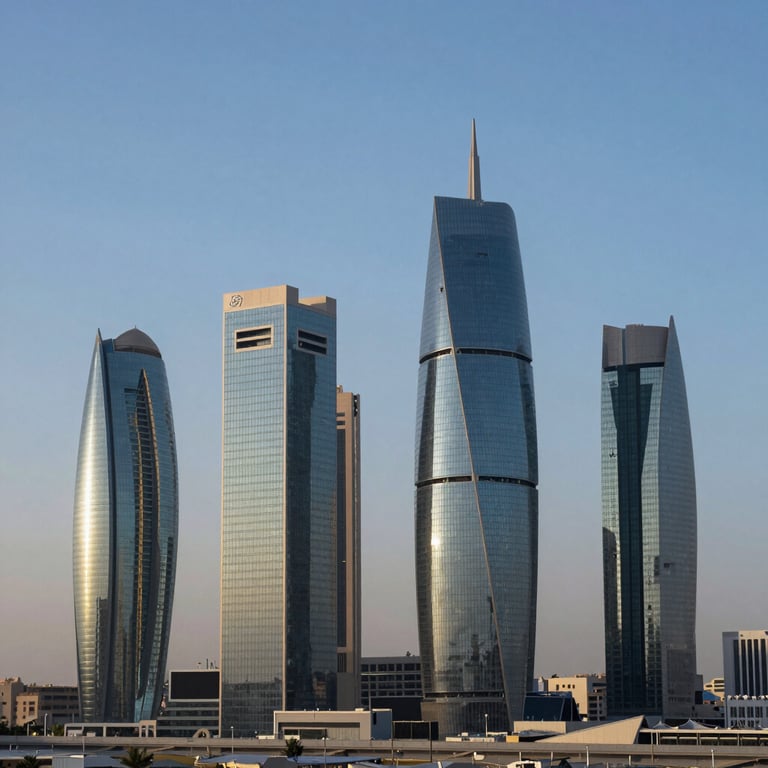 An expansive view of a modern Middle Eastern city skyline featuring glass towers under a clear blue sky.