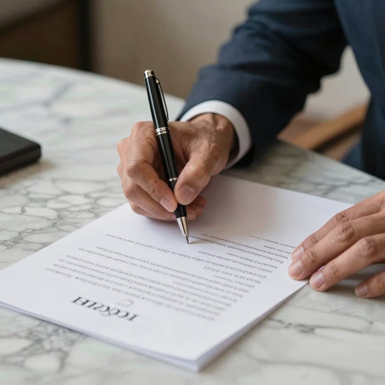 A close-up of a professional in the Gulf signing a clean, official document with an elegant pen on a marble desk.