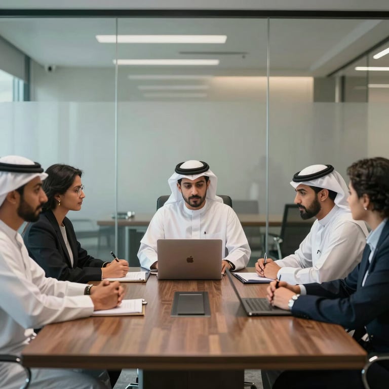 A group of diverse professionals in a collaborative meeting inside a glass-walled conference room in Riyadh.