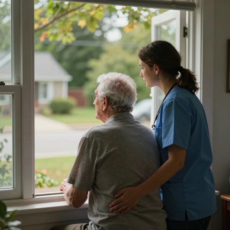 A quiet, reassuring moment as a caregiver and senior look out a window together at a peaceful, leafy North American neighborhood.