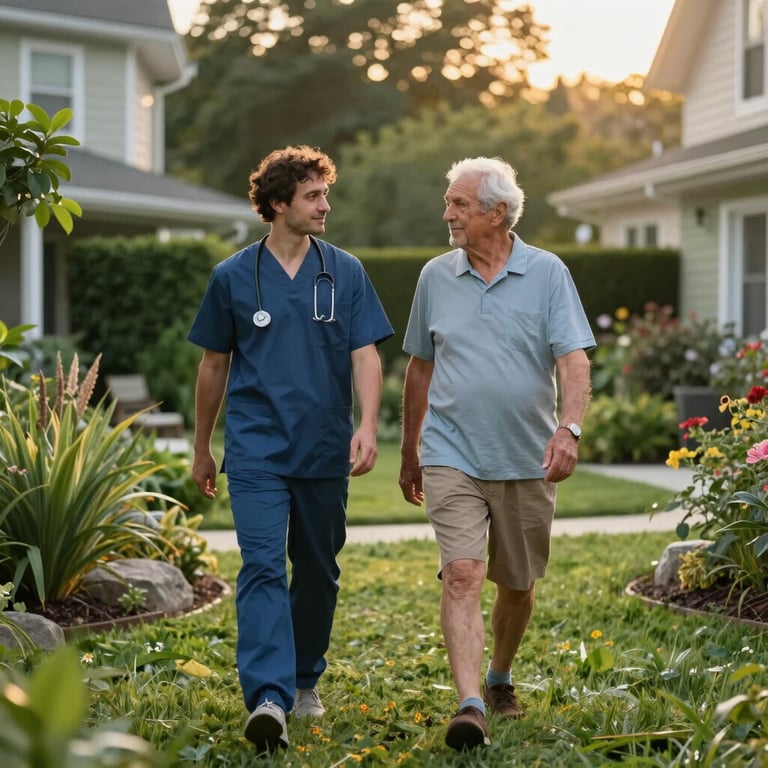 A professional caregiver and a senior individual walking slowly through a lush, peaceful green garden in a US residential area during golden hour.