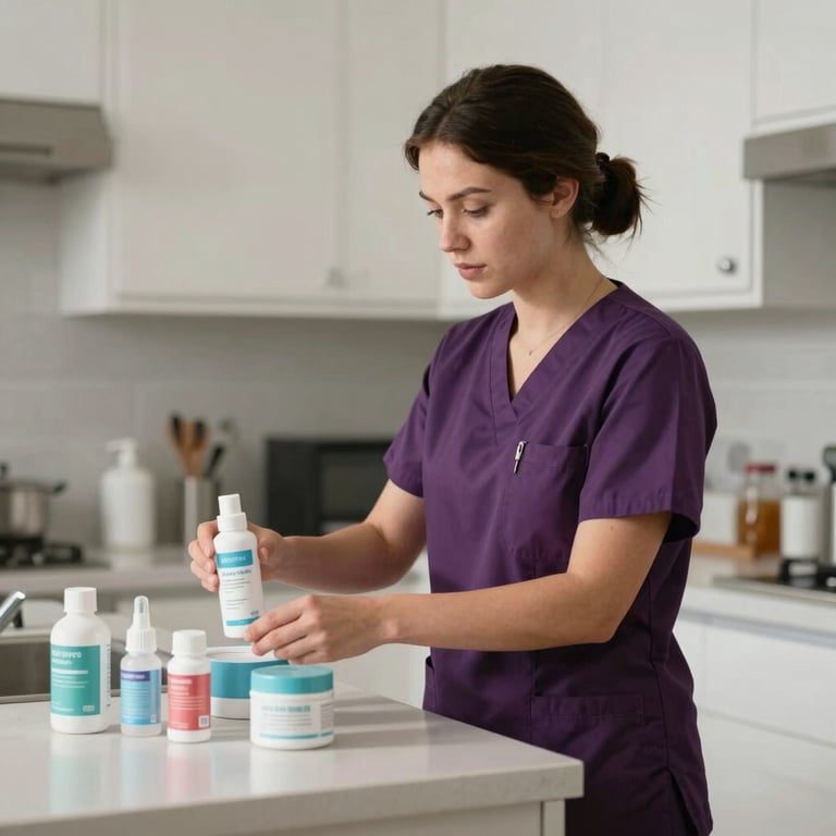 A nurse in professional dark purple scrubs organizing wellness supplies in a modern, clean North American / US home kitchen.