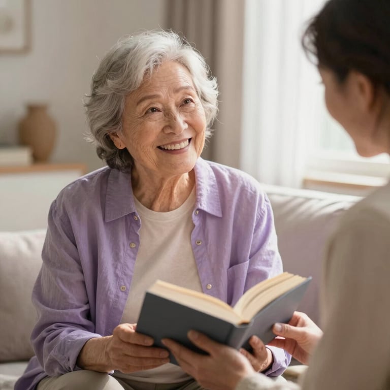 An elderly person smiling warmly while a companion reads a book to them in a sunlit living room with soft lilac accents.