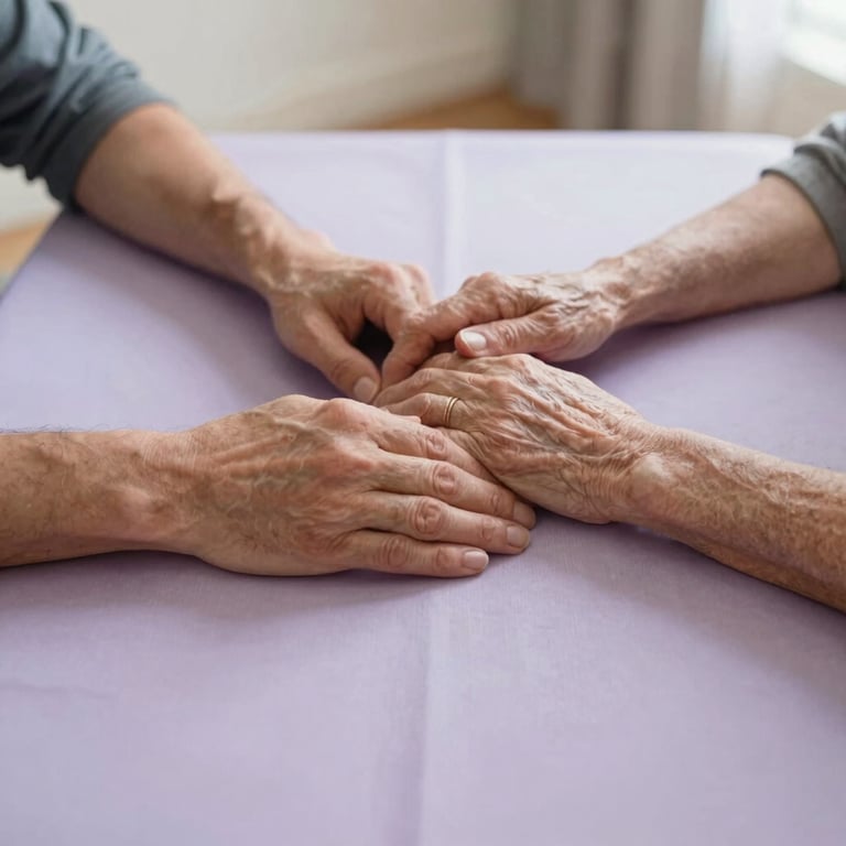 A close-up shot of two pairs of hands—one younger, one elderly—resting on a pale lilac tablecloth in a bright North American / US home.