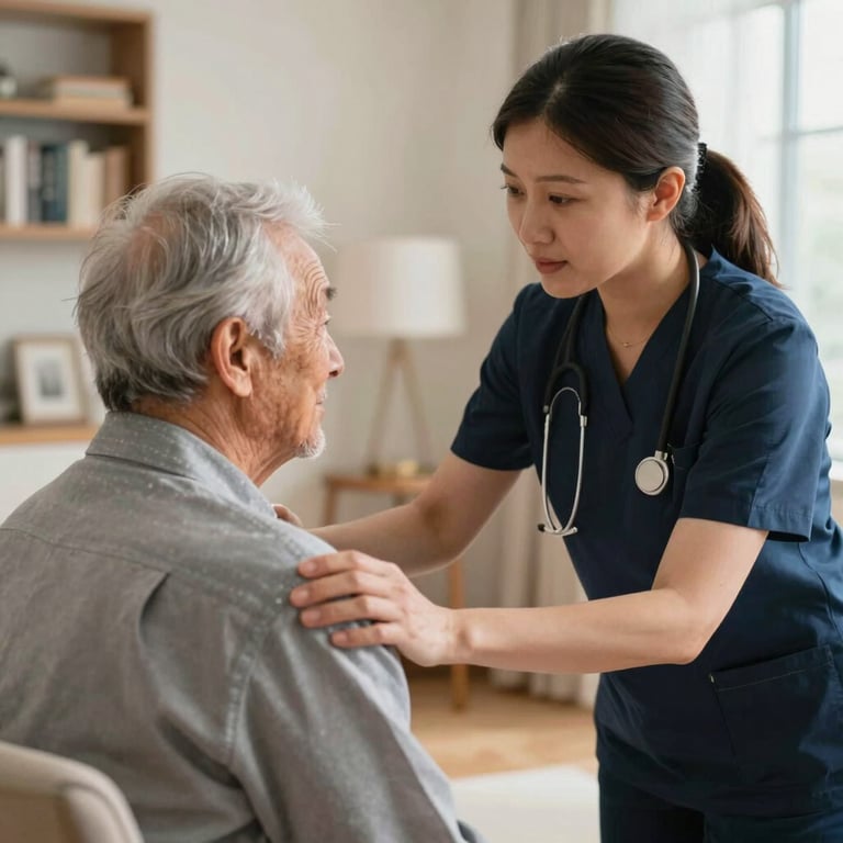A caregiver assisting an elderly client with a gentle activity in a sophisticated North American / US residential setting.