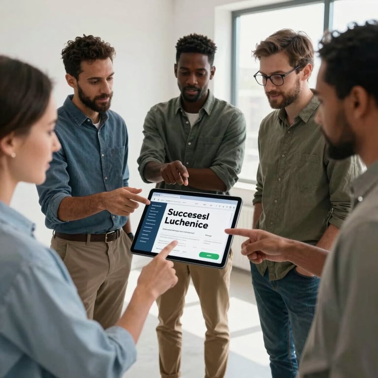 A group of diverse professionals in a sunlit studio, pointing at a tablet screen displaying a successful app launch dashboard.