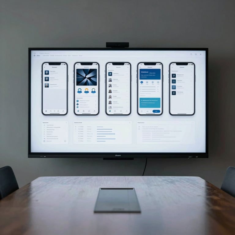 A minimalist meeting room with a large screen displaying mobile UI wireframes, reflecting a mood of professional innovation.