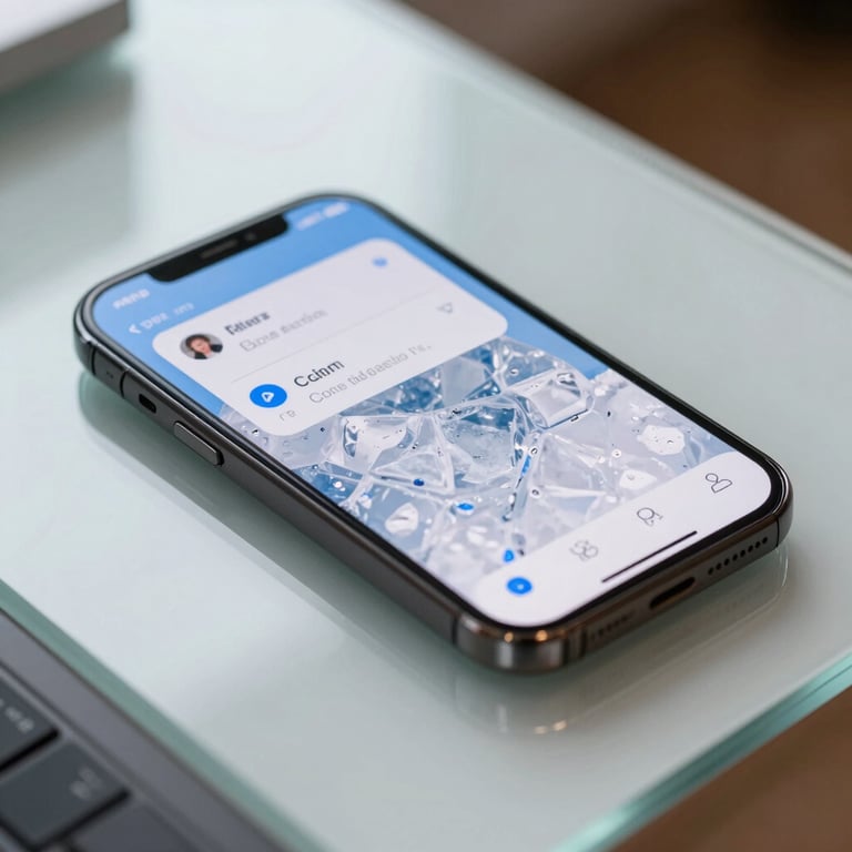 Macro photography of a smartphone screen showing a sophisticated app interface with ice white and sky blue accents, resting on a clean glass desk.