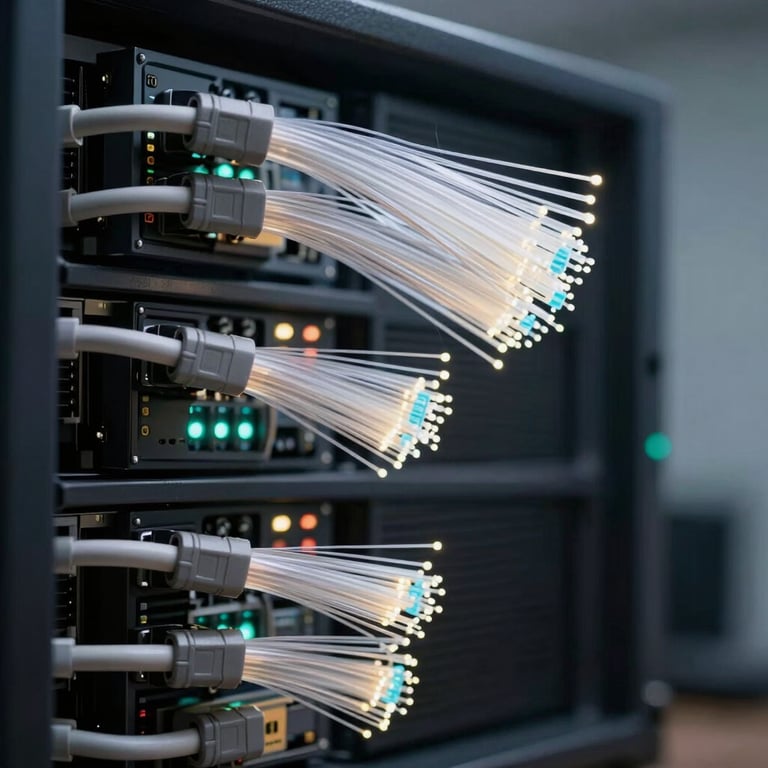 An artistic shot of fiber optic cables and server lights, representing the reliable back-end technology powering our Android apps.