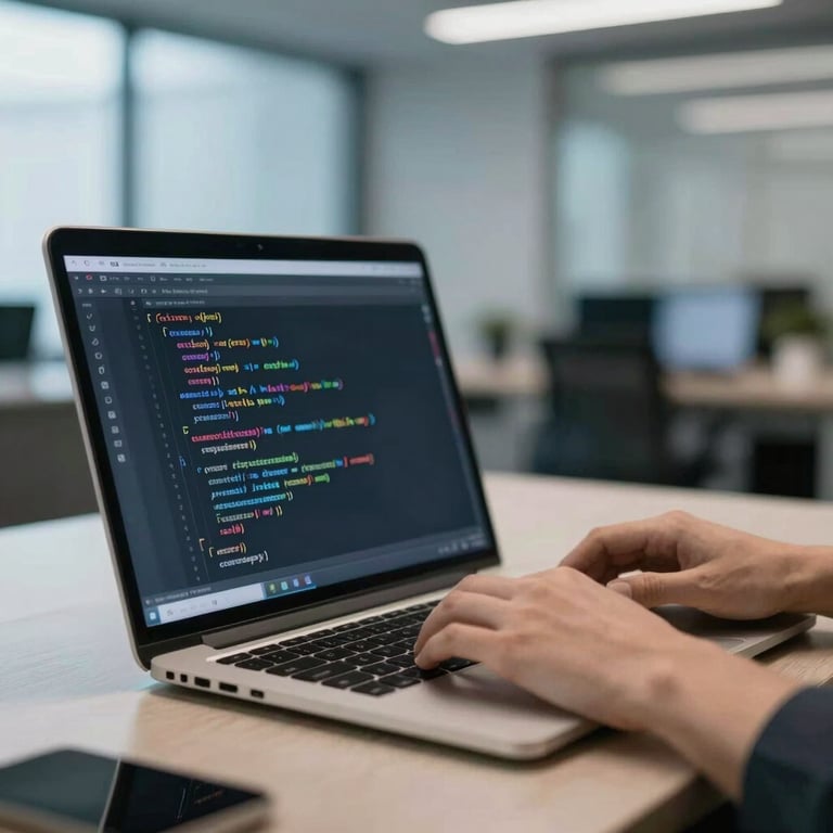 A sharp, focused shot of a developer's hands coding on a laptop in a modern North American office, with soft steel blue backlighting.