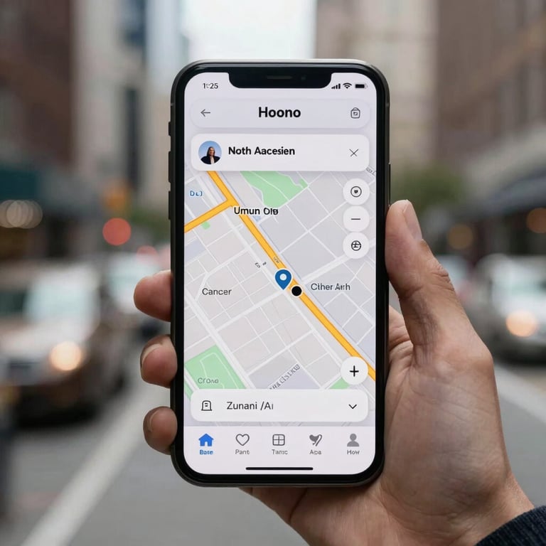 Close-up of a mobile device held in a North American urban setting, showing a map-based application with clear, simple navigation.