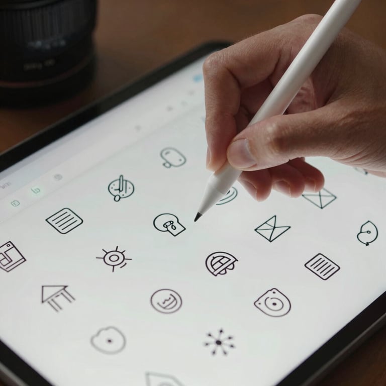 A close-up of a hand using a stylus on a digital tablet to sketch app icons.