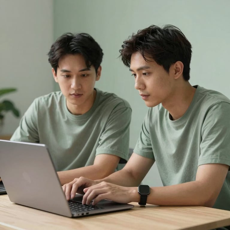 Two developers collaborating at a desk, looking at a laptop with a muted sage color palette in the background.
