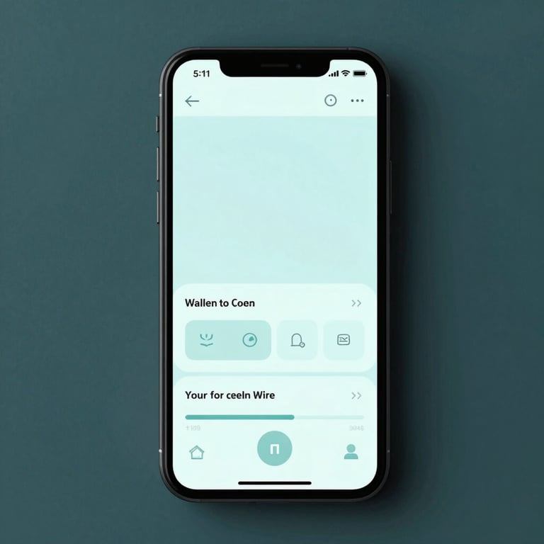 A minimalist smartphone displaying a sleek mobile interface in soft aqua tones.