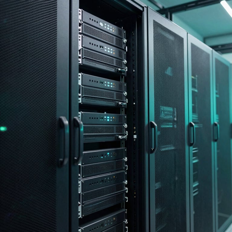A high-tech server room with subtle soft aqua lighting, emphasizing reliability and infrastructure.