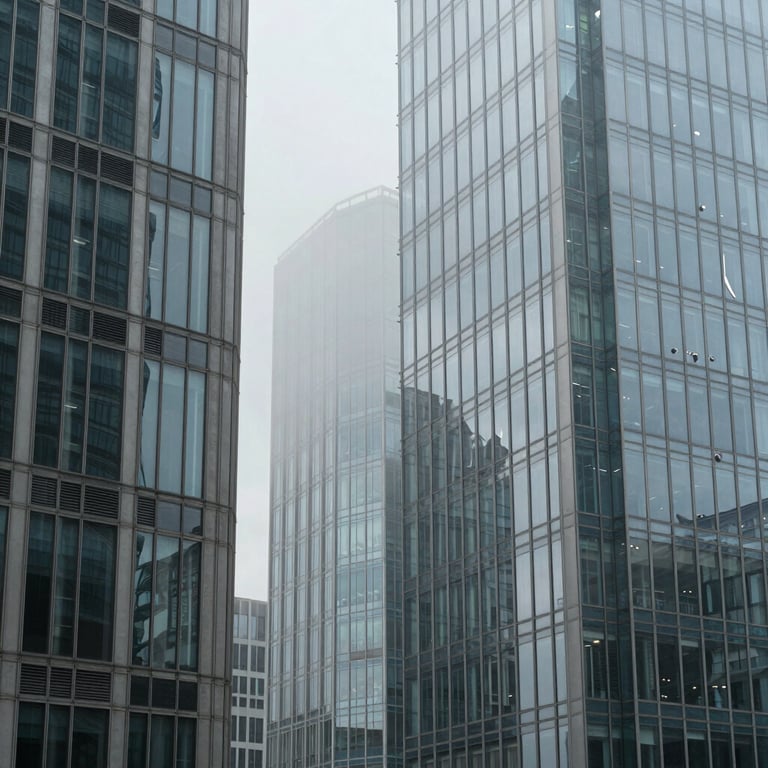 An abstract photography shot of glass buildings reflecting a pale mist sky, representing scalability.
