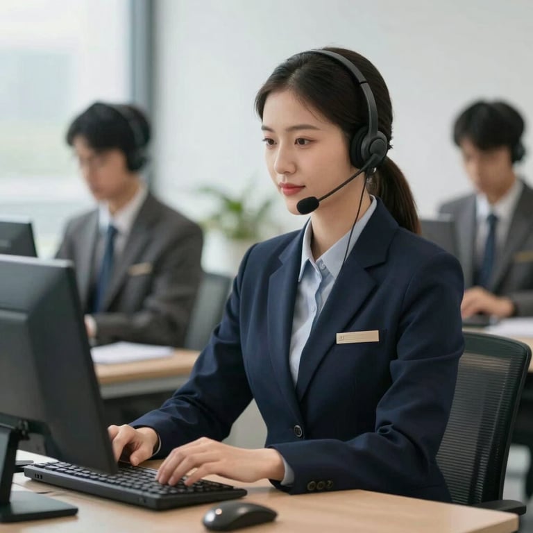 Professional customer support agent with a headset in a modern office, wearing a dark navy #0D1C3B uniform, soft natural lighting.