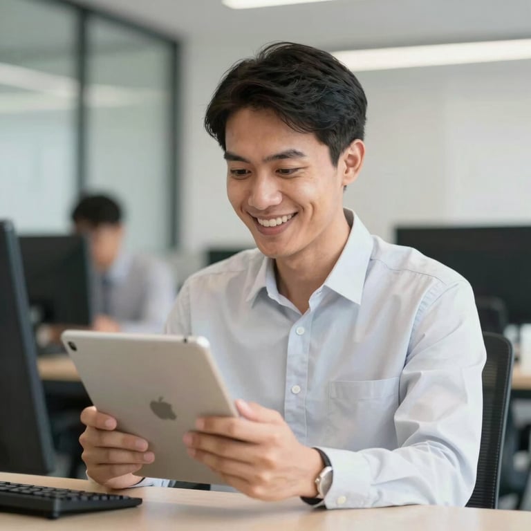 An Indonesian professional smiling while looking at a tablet, representing a satisfied user, blurred office background.