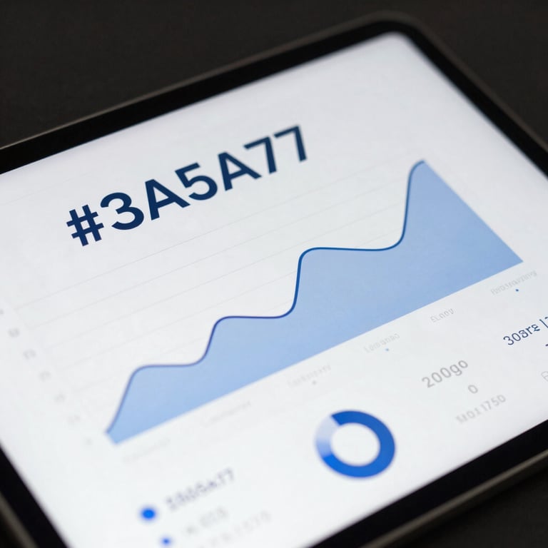A close-up of a futuristic dashboard interface with clean fonts and #3A5A7F graphs on a sleek tablet screen.