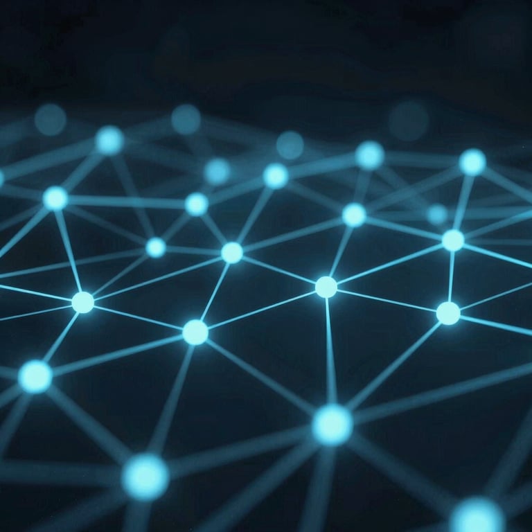 Abstract digital network represention with glowing #7B9EC7 dots and connecting lines signifying secure connectivity.