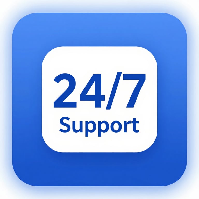 A modern '24/7 Support' graphic icon, minimalist style using #0D1C3B and #7B9EC7 color palette.