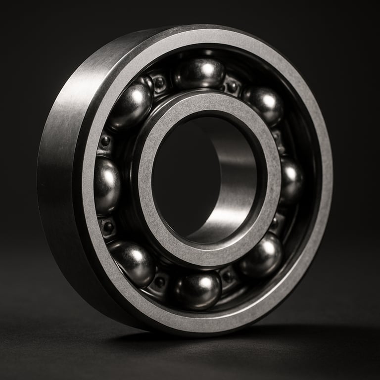 Detailed side view of a 6202 series ball bearing with metallic highlights, professional studio lighting.