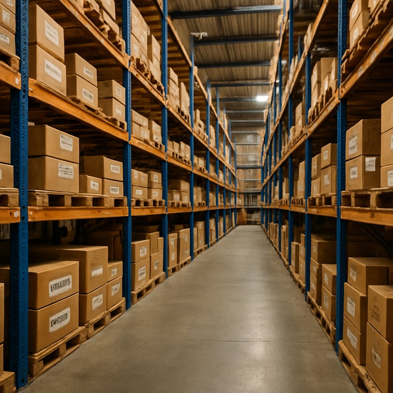 An organized South Asian industrial warehouse with neatly stacked boxes of bearings on high blue shelving units.