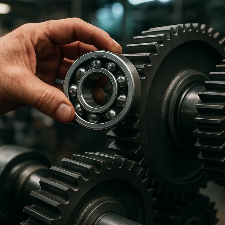 Close-up of industrial machinery gears being fitted with a Shivam Industries ball bearing in a modern workshop.